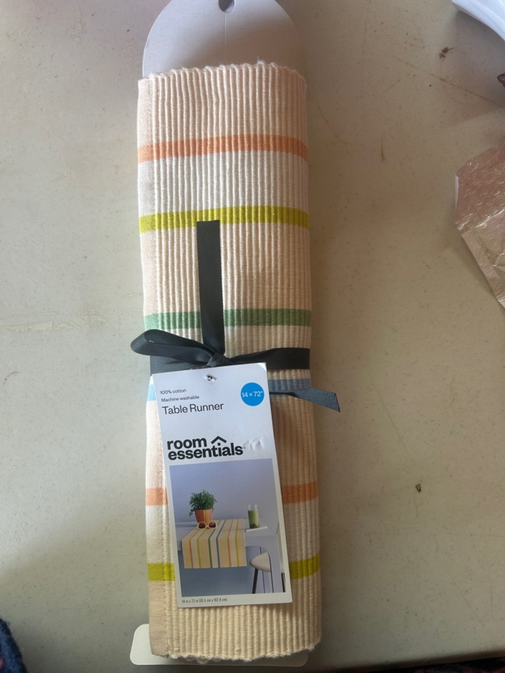 Room Essentials Cream Table Runner with Green and Orange Stripes
